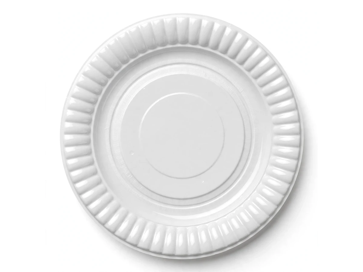 Milky white small disposable plastic plate representing AMS No. 08