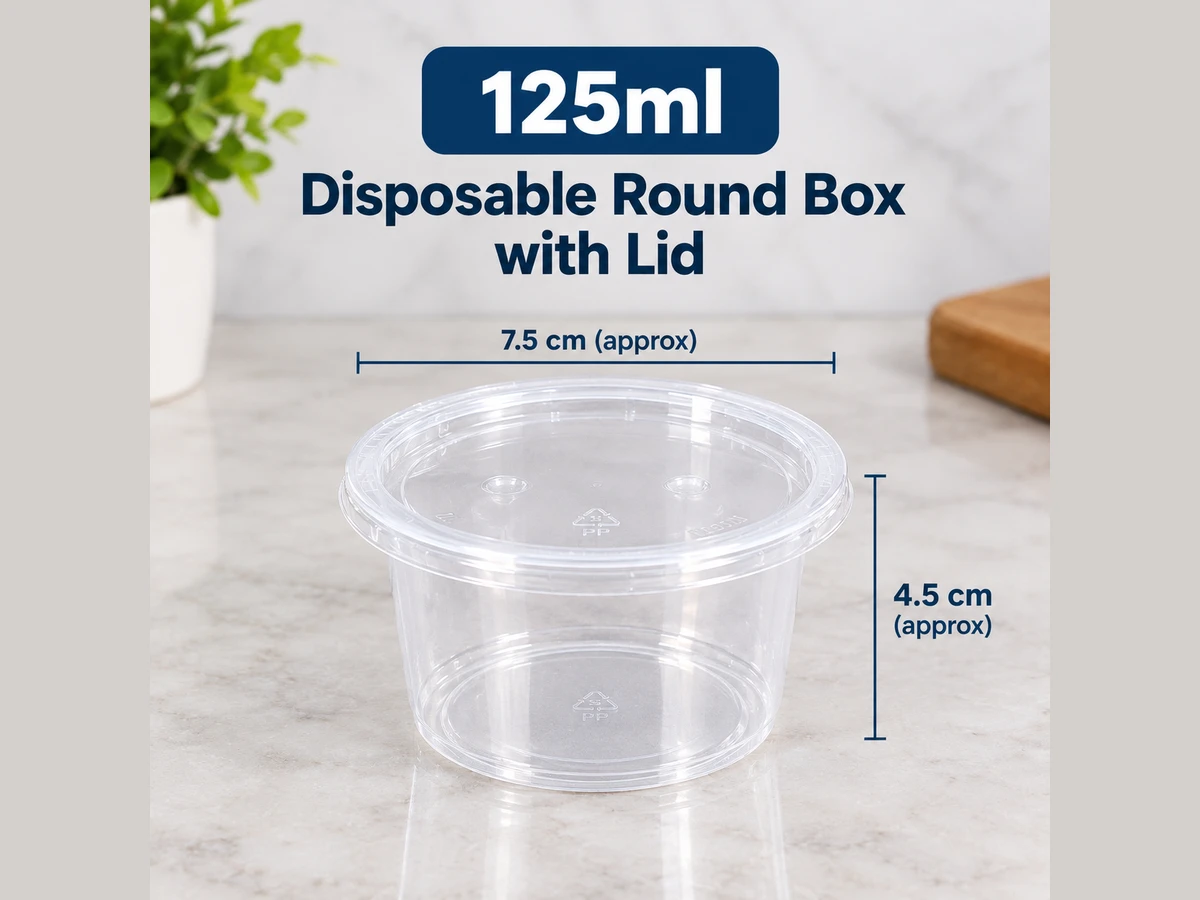 Clear 125ml round disposable box with lid from Rehbar Packages in Lahore