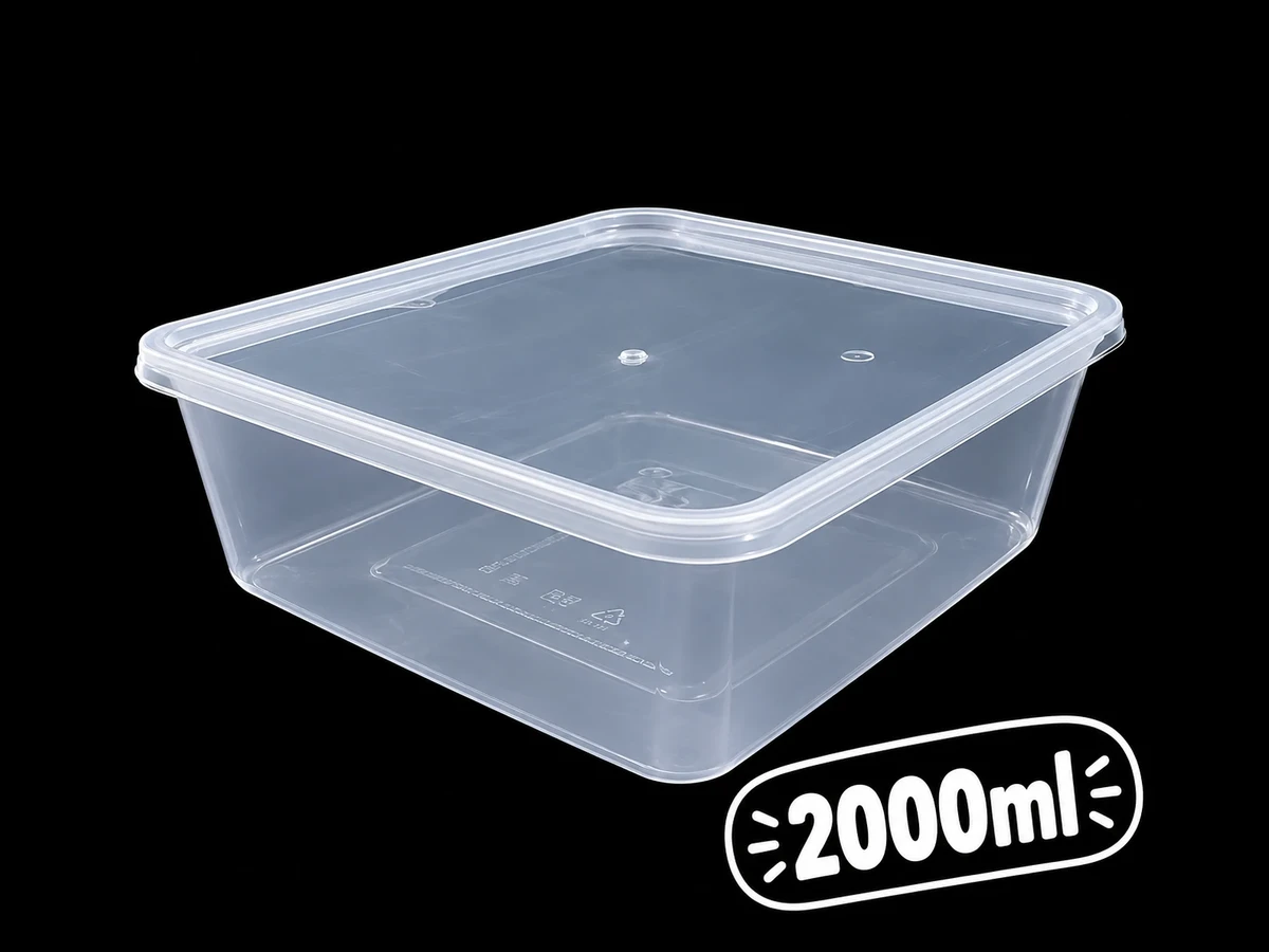 Assorted large clear lidded plastic food containers, shown for the 2000ml Container