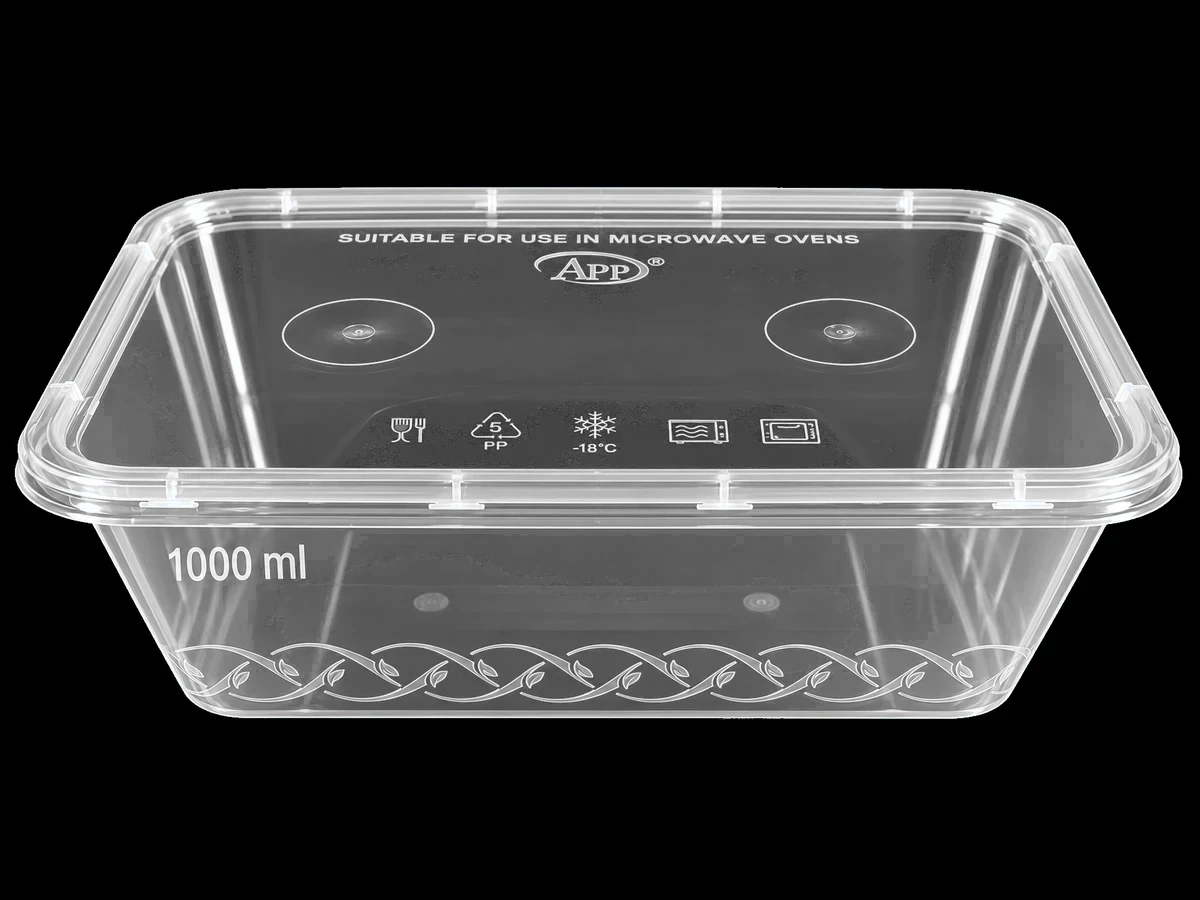 Clear 1000ml rectangular plastic food container with lid from Rehbar Packages in Lahore