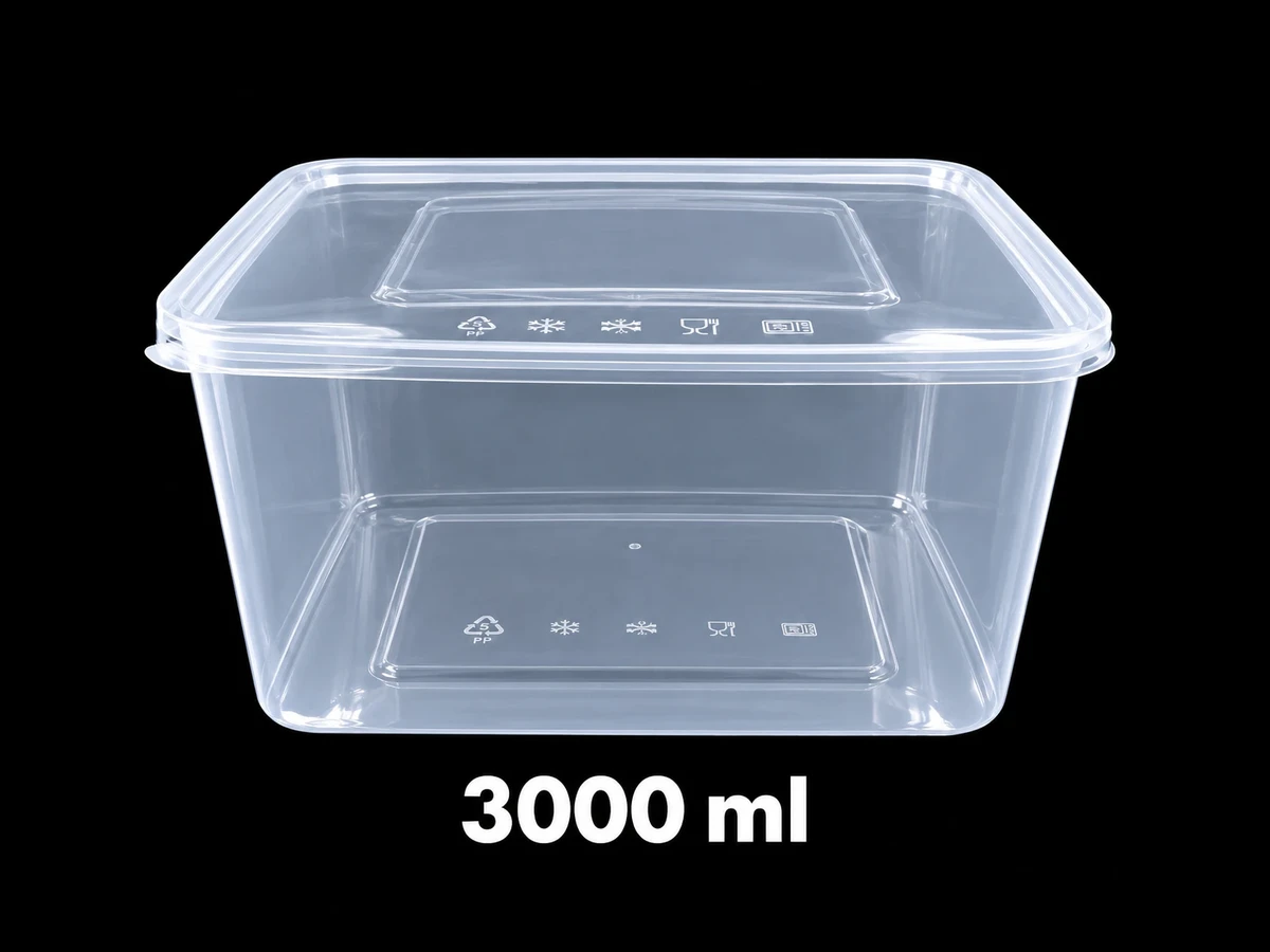 Clear 3000ml rectangular plastic food container on a clean white background
