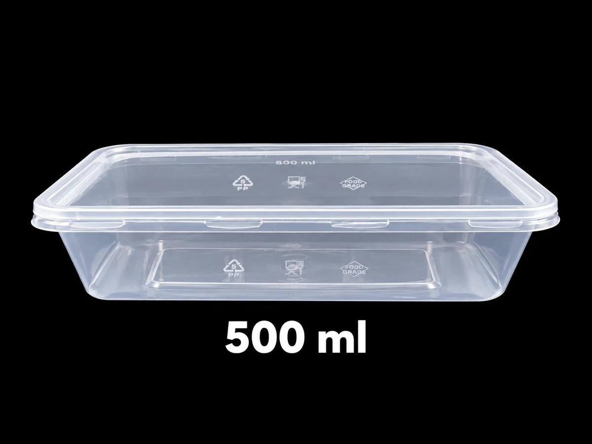 Assorted clear plastic food containers and bowls, shown for the 500ml Container